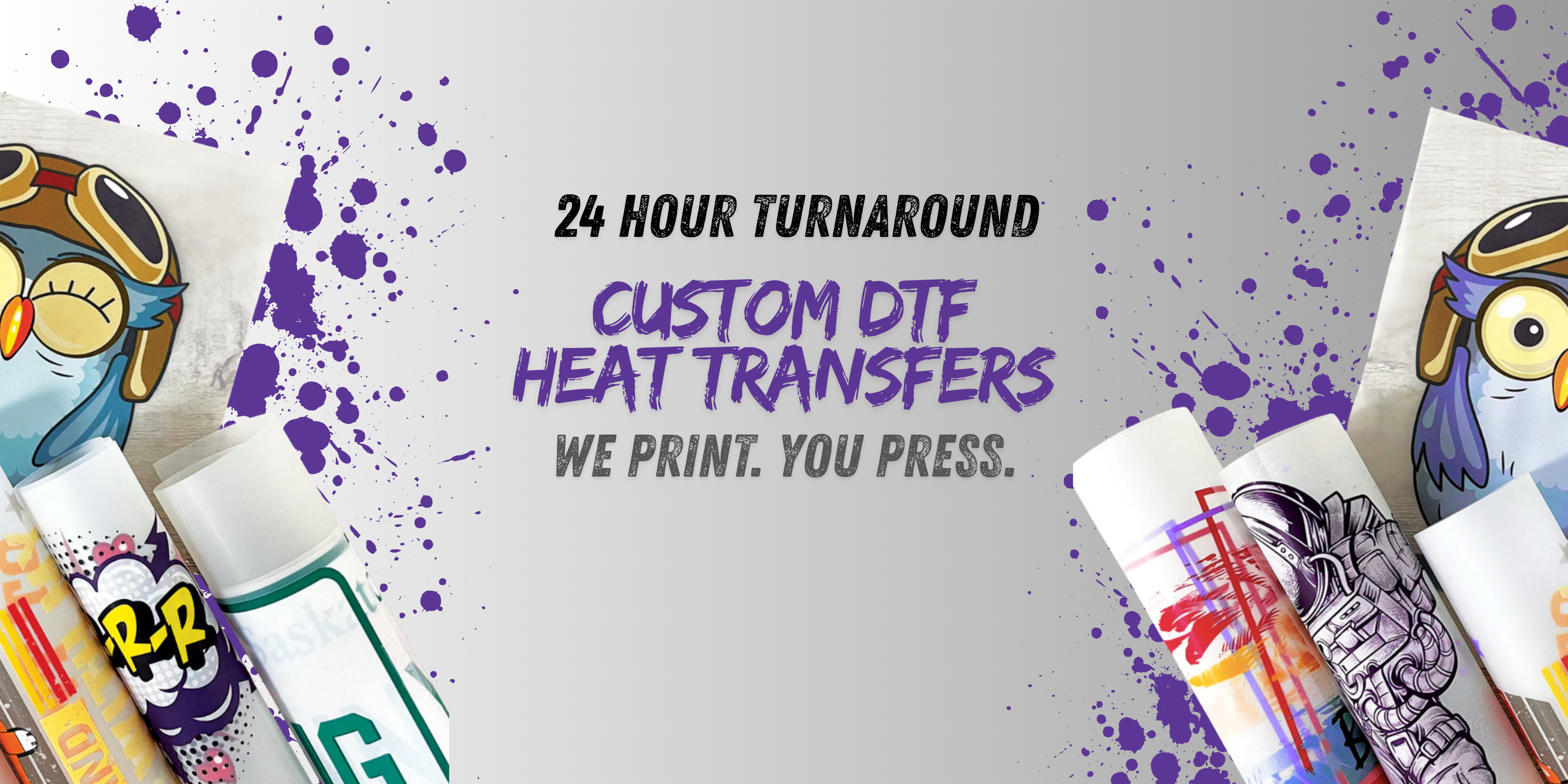 Custom DTF Heat Transfers. Heat Press Transfers. We Print. You Press. 24 hour Turnaround. Custom T-shirt Printing.